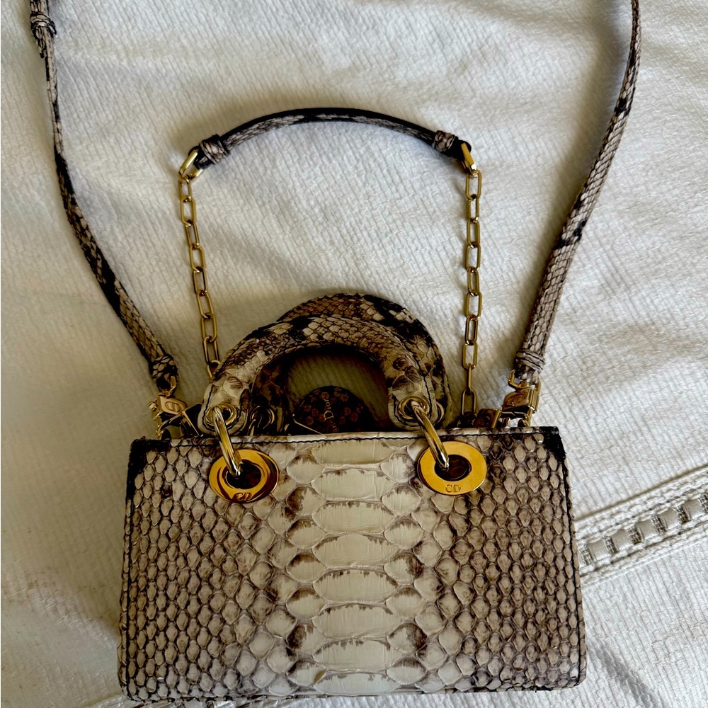 Authentic Christian Dior Mini D-Joy Python Bag in Cream with Gold Hardware